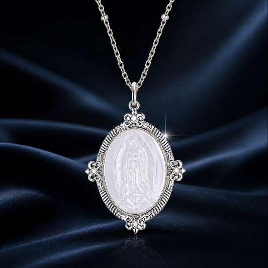 Sterling silver necklace white gold plated, 40+5cm chain, oval mother-of-pearl pendant with CZ on Tampa Home & Garden Store