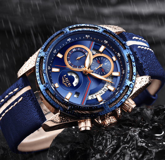 Stevvex men's waterproof sports watch, blue dial, blue leather strap, rose-gold case on Tampa Home & Garden Store