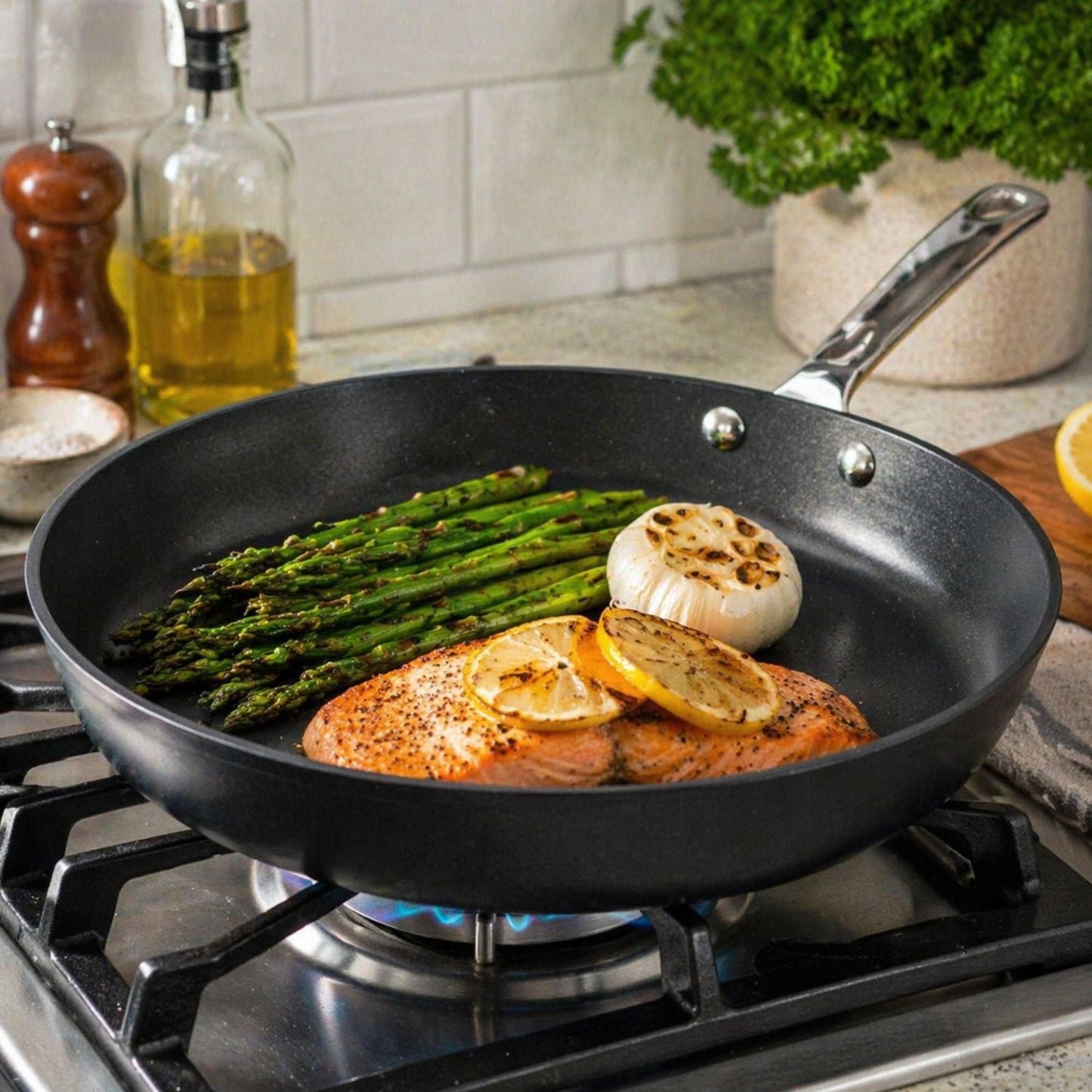 Ceramic nonstick skillet with asparagus and lemon slices on stove on Tampa Home & Garden Store
