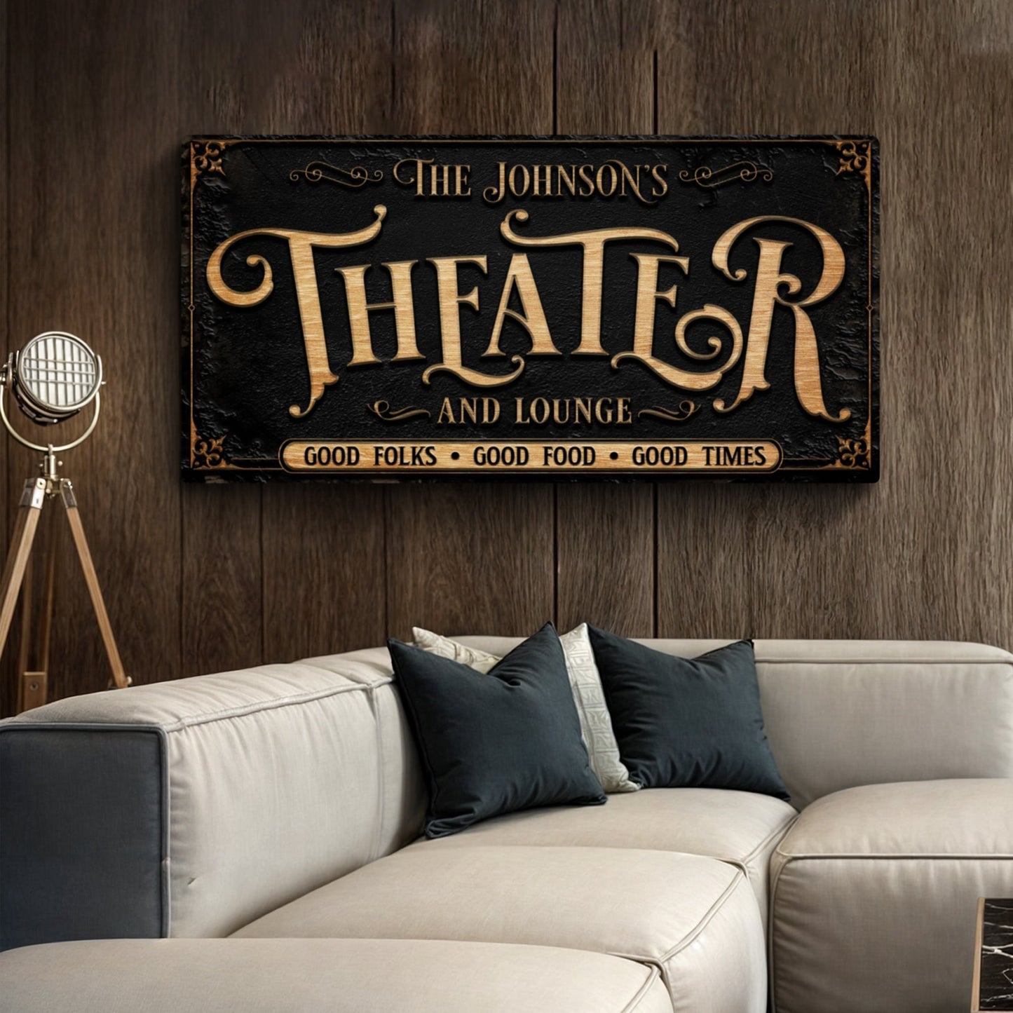 Personalized Theater Sign III canvas with black background and gold lettering on Tampa Home & Garden Store