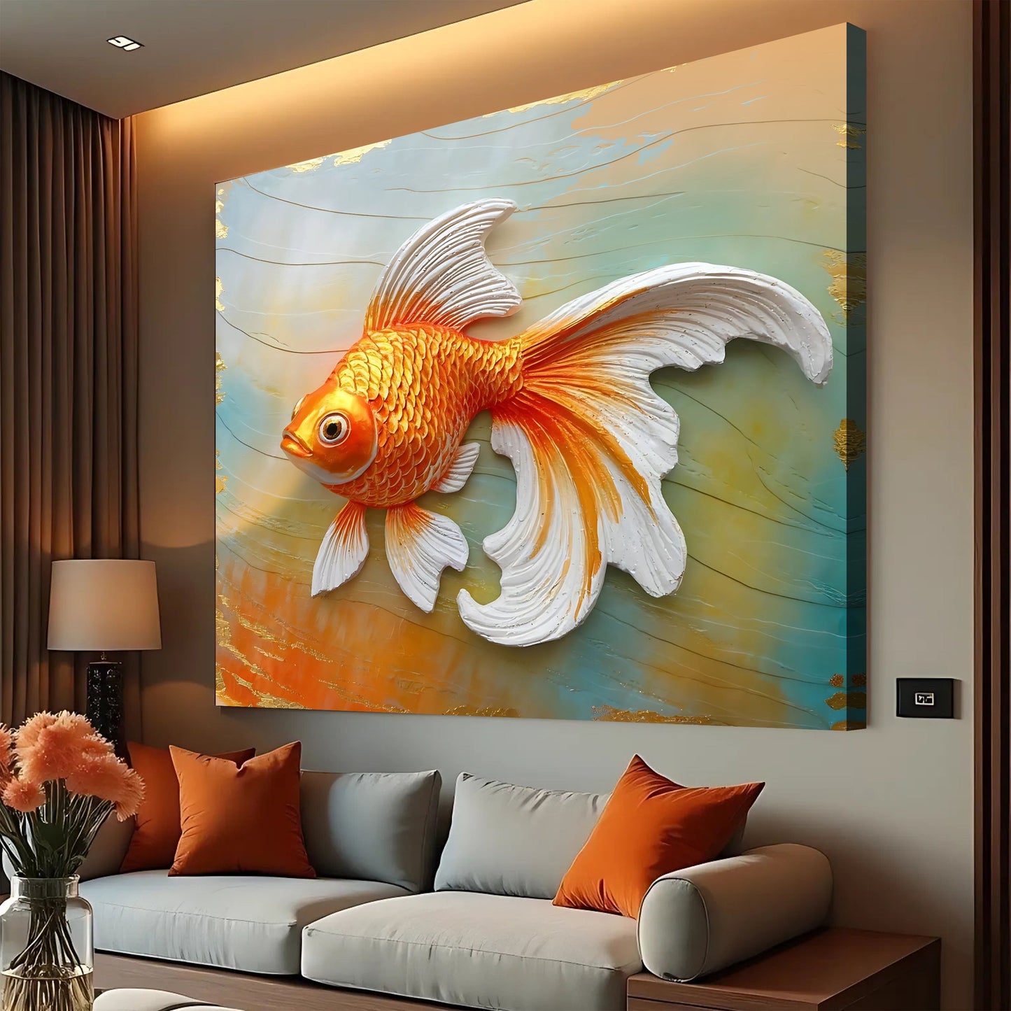 3D Goldfish Wall Art canvas by Tailored Canvases in vibrant orange-gold hues on Tampa Home & Garden Store
