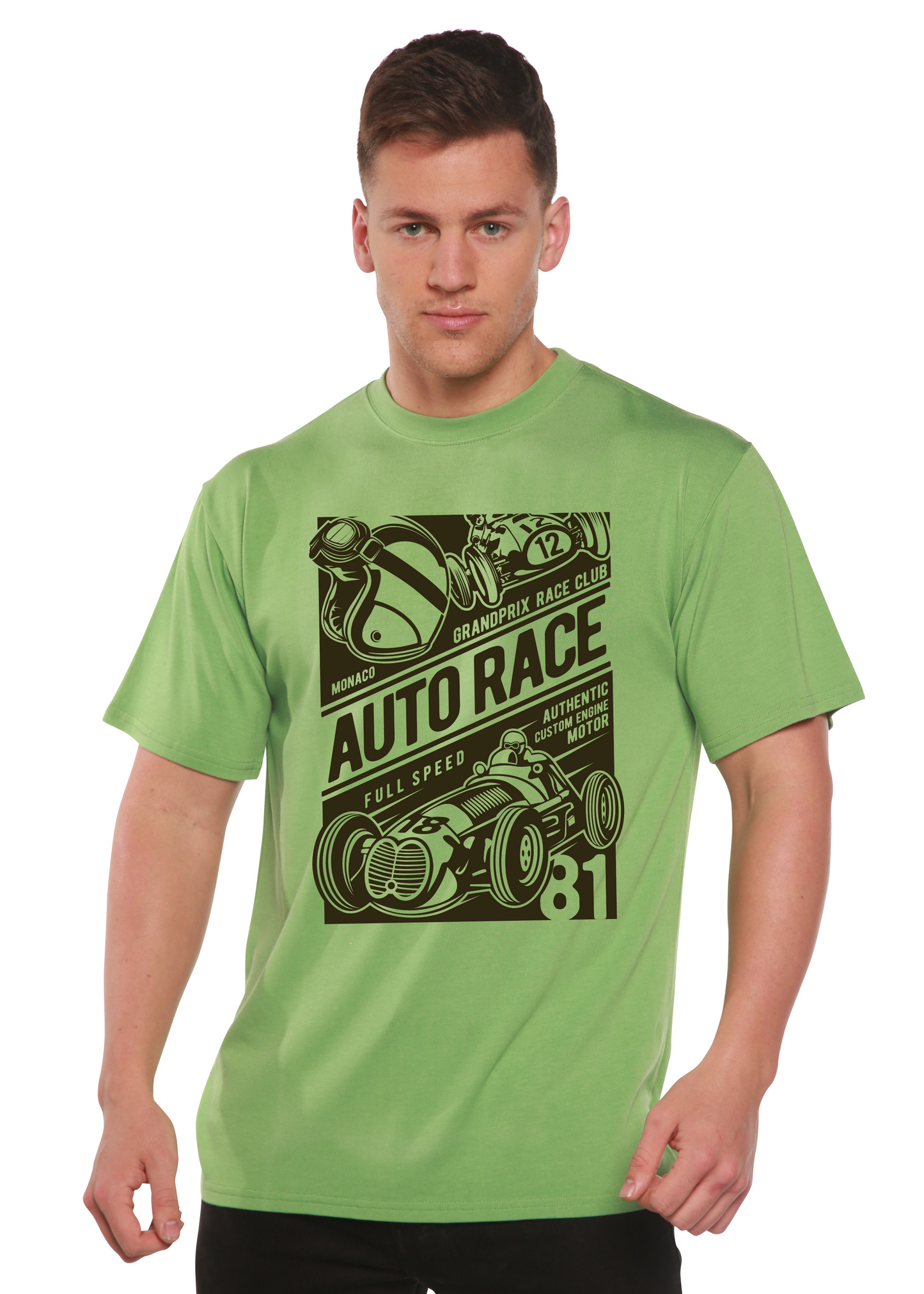 Auto Race men's printed T-shirt lime green with black race car graphic on Tampa Home & Garden Store