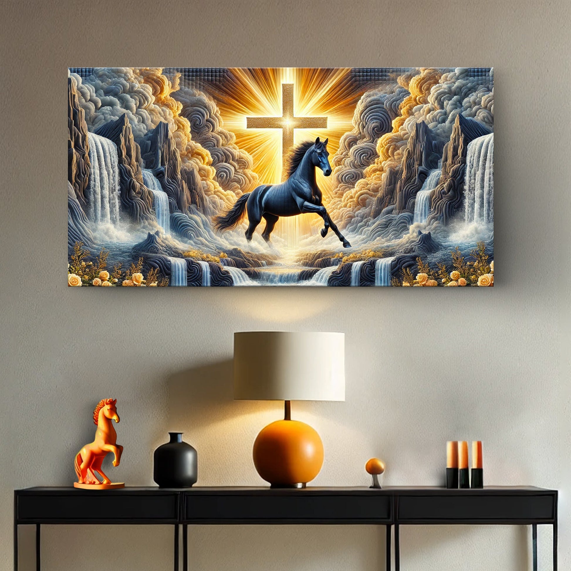 3D Horse Faith Wall Art III canvas by Tailored Canvases, blue horse before radiant cross on Tampa Home & Garden Store