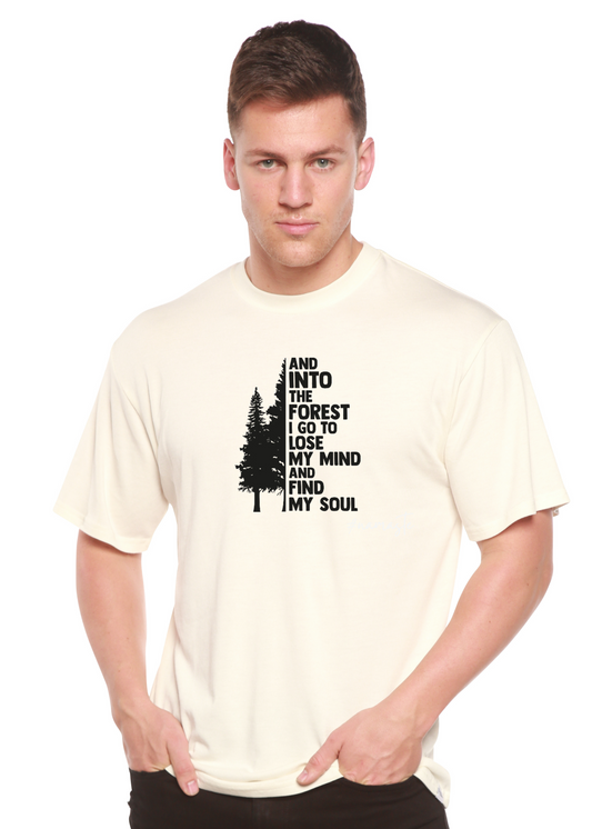 And Into The Forest I Go men's cream bamboo tee by Spun Bamboo with tree print on Tampa Home & Garden Store