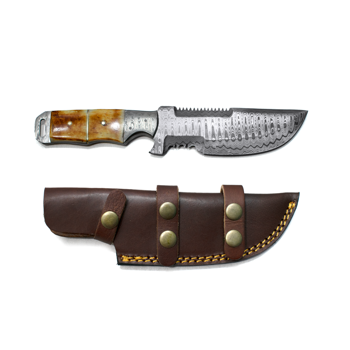 Damascus Tracker knife with patterned blade and wooden handle, leather sheath included on Tampa Home & Garden Store