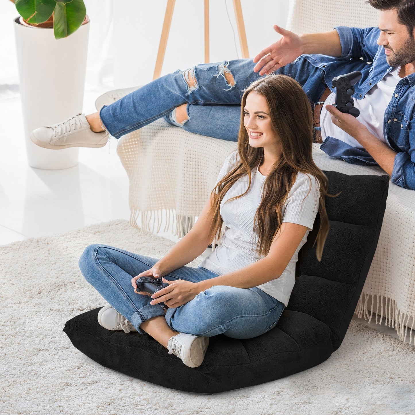 Sillón plegable de suelo reclinable de 14 posiciones para videojuegos – Negro