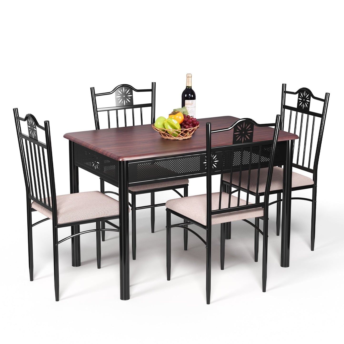 5 Pcs Dining Set Wood Metal Table and 4 Chairs with Cushions-Black