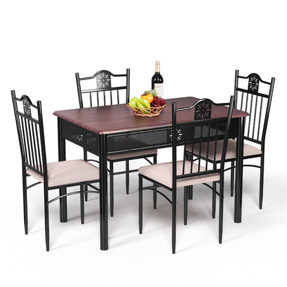 5 Pcs Dining Set Wood Metal Table and 4 Chairs with Cushions-Black