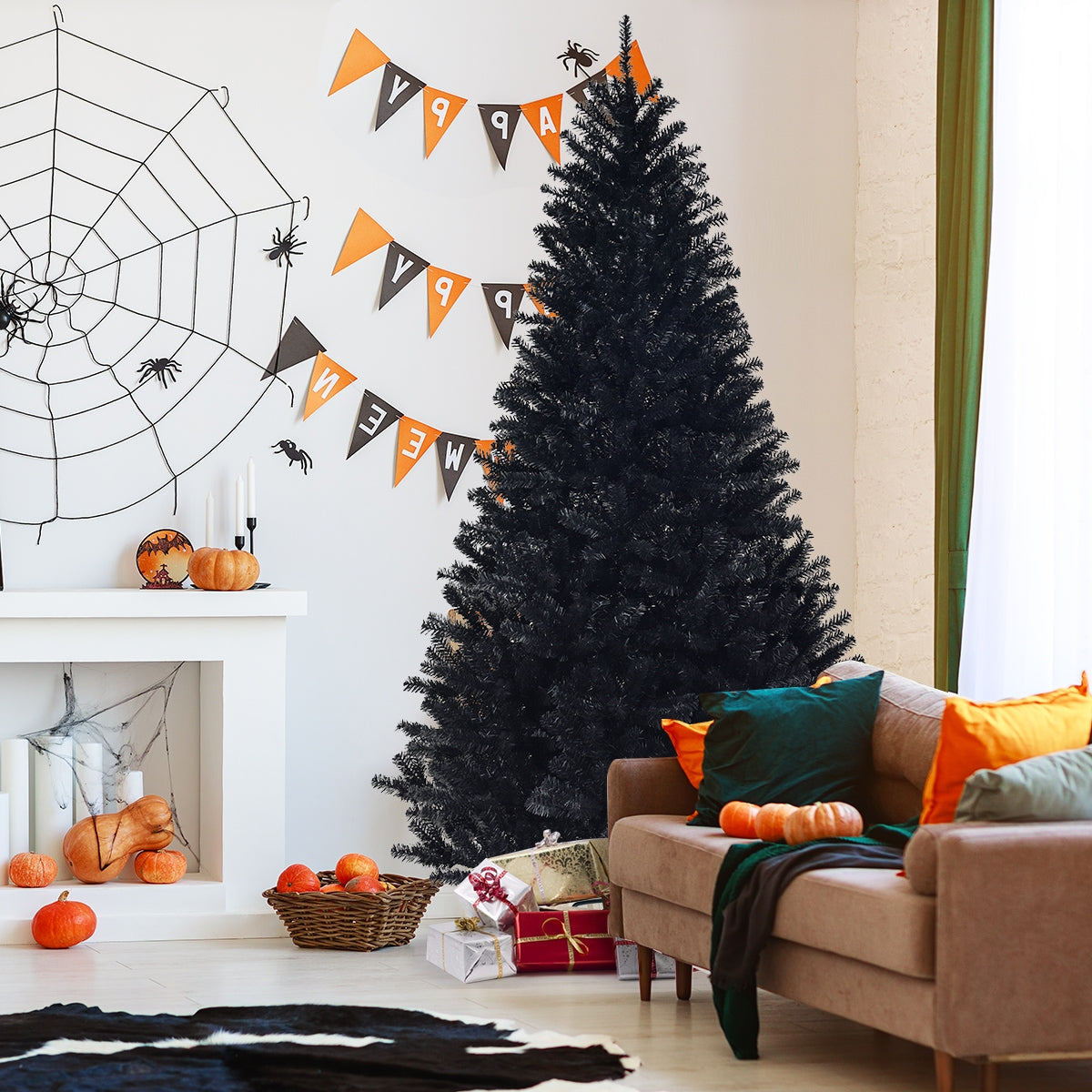 DirectDeals 7.5-ft hinged black Halloween Christmas tree in a room with orange accents on Tampa Home & Garden Store