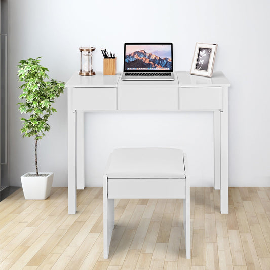 Juego de tocador con espejo elevable y taburete acolchado - Blanco
