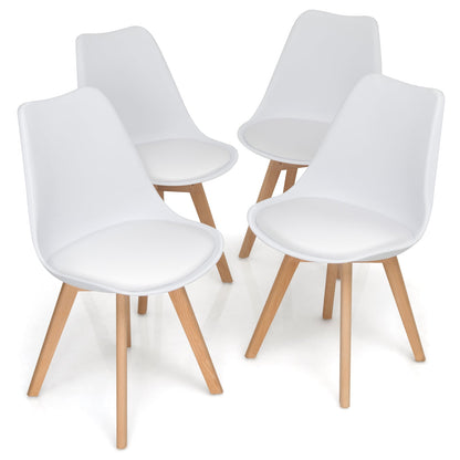 Juego de 4 sillas de comedor modernas de mediados de siglo con carcasa de PU y patas de madera - Blancas
