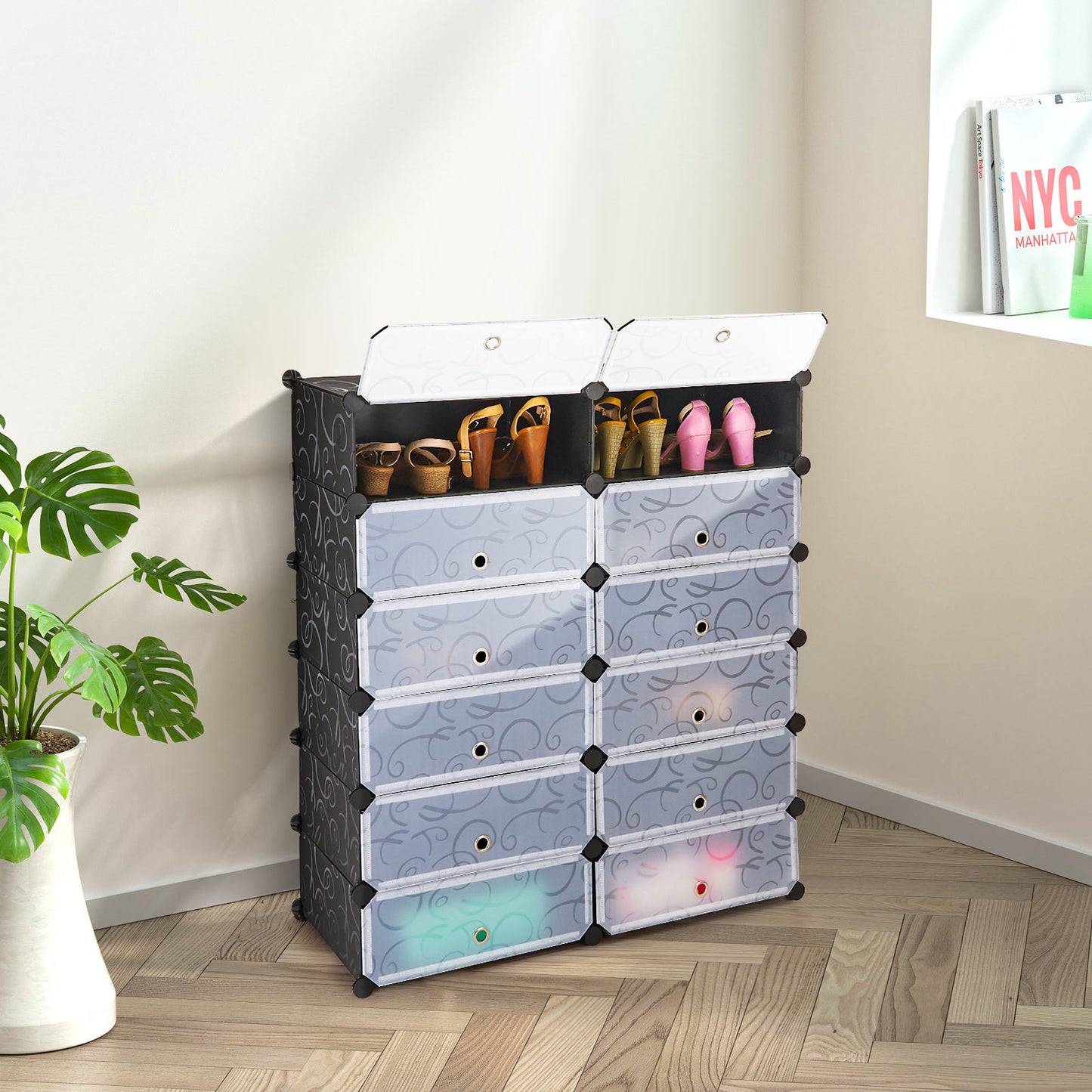 Zapatero portátil de plástico de 12 cubos DIY con puertas transparentes - Negro