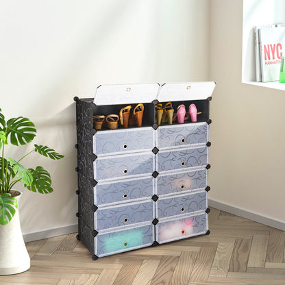 Zapatero portátil de plástico de 12 cubos DIY con puertas transparentes - Negro