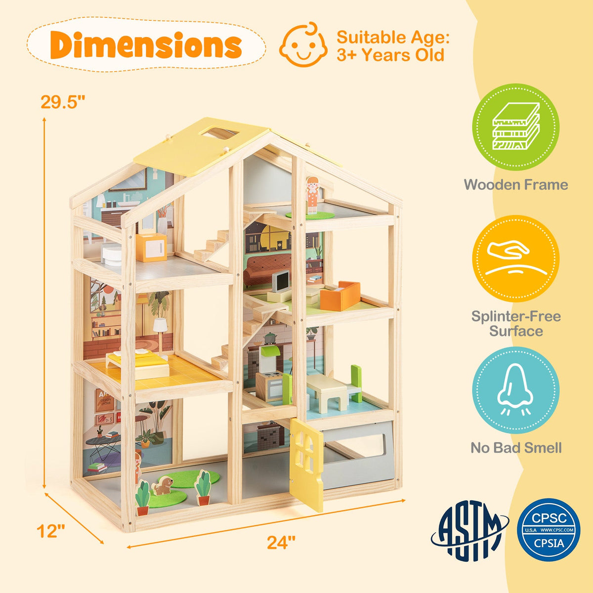 Wooden dollhouse with natural finish, includes tiny furniture and figures for pretend play on Tampa Home & Garden Store