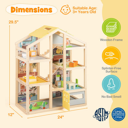 Wooden dollhouse with natural finish, includes tiny furniture and figures for pretend play on Tampa Home & Garden Store