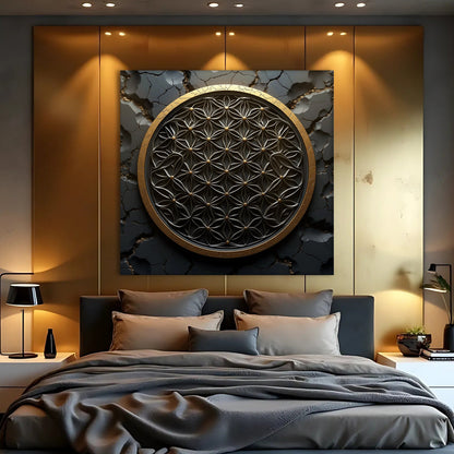 Flower Of Life Wall Art III canvas by Tailored Canvases, gold lattice on dark backdrop on Tampa Home & Garden Store