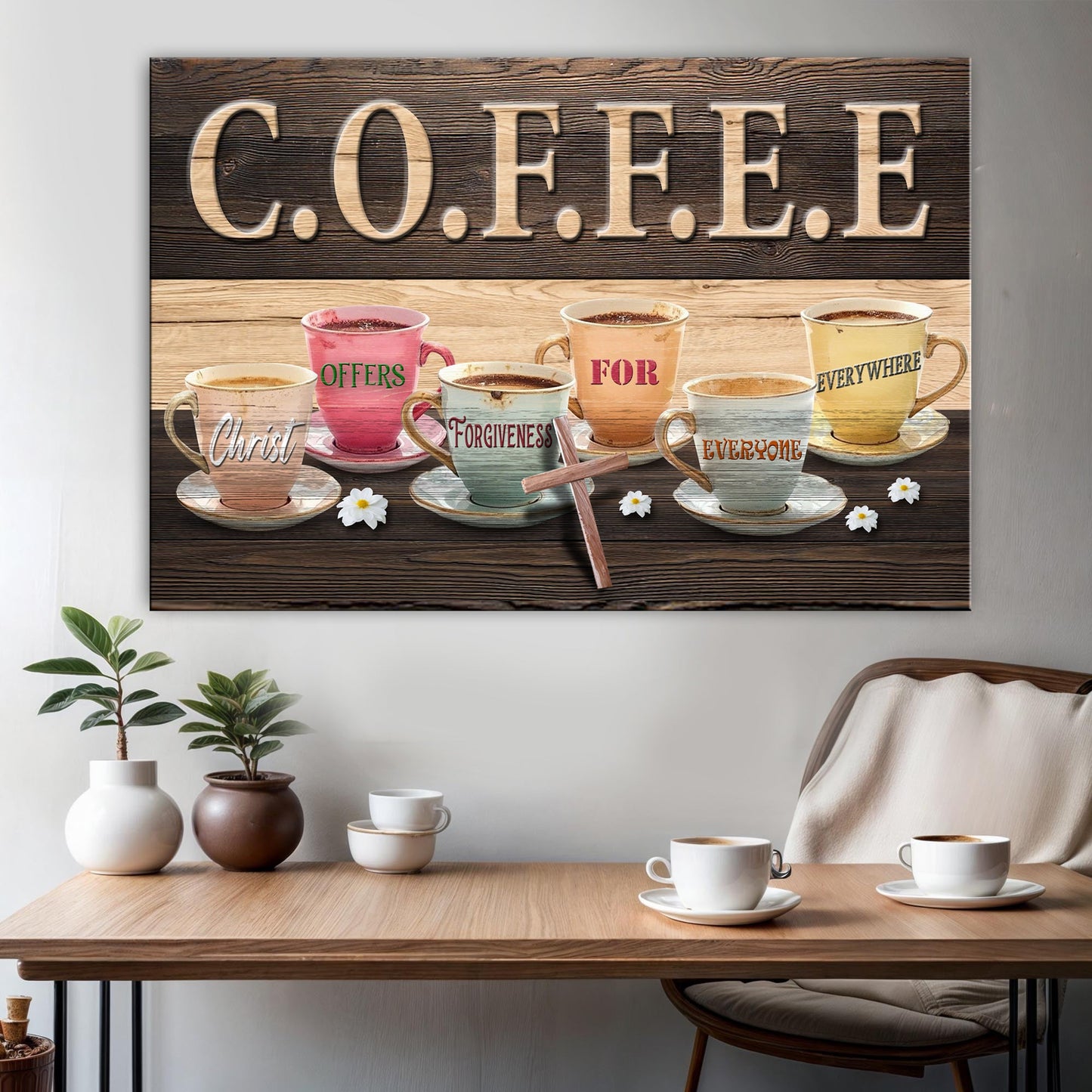 Canvas Our COFFEE Faith Sign II by Tailored Canvases with dark wood background and colorful mugs on Tampa Home & Garden Store