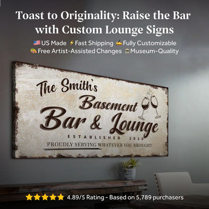 Basement Bar & Lounge sign canvas by Tailored Canvases, distressed beige with brown script on Tampa Home & Garden Store