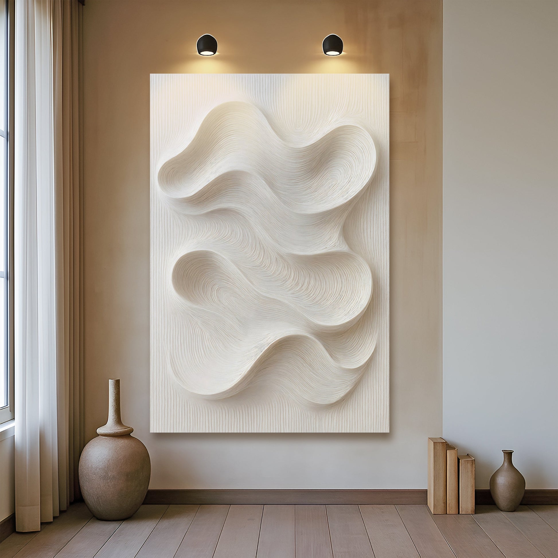Minimalist Waves Wall Art by Tailored Canvases; white textured crafting canvas with waves on Tampa Home & Garden Store