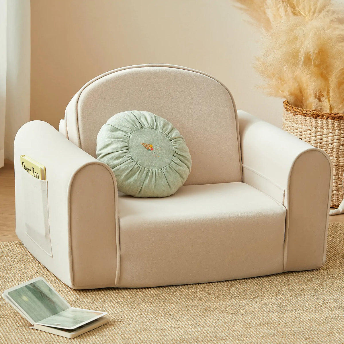 Tiny Land GentleSnug Kid Chair beige upholstery with mint cushion play sofa by Tiny Land INC on Tampa Home & Garden Store