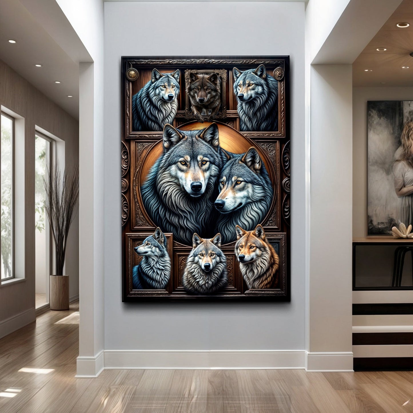 3D Wolf Collage Wall Art III Crafting Canvas, featuring blue gray wolves in a decorative frame on Tampa Home & Garden Store