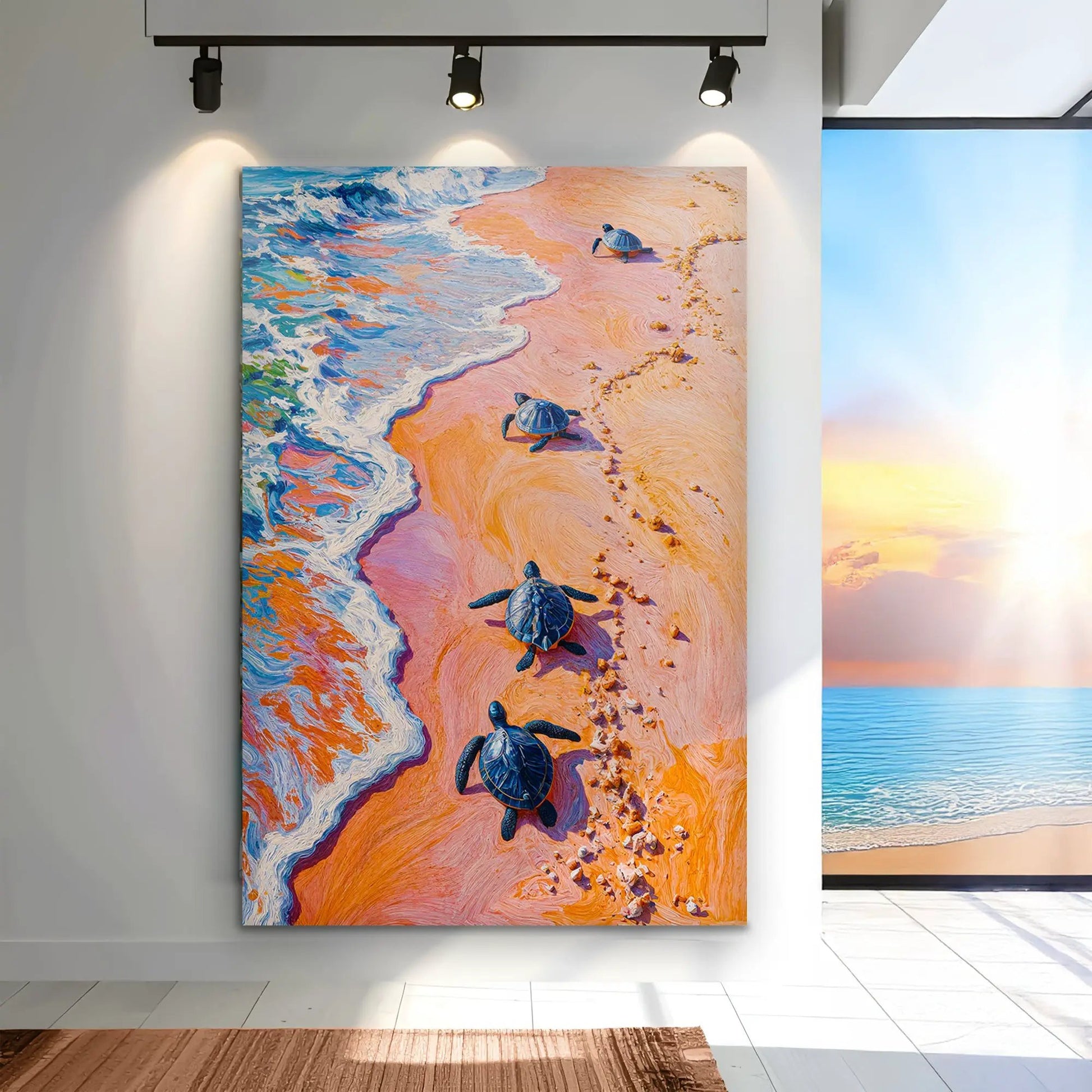 Turtles' Journey To The Sea canvas with blue sea turtles on pink shore and turquoise waves on Tampa Home & Garden Store