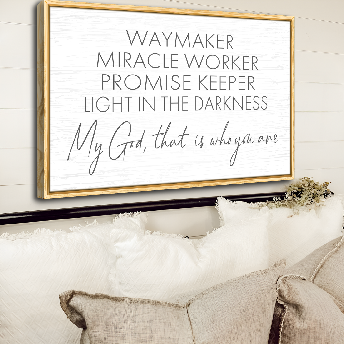 Tailored Canvases canvas sign with white background and gold frame Way Maker Miracle Worker on Tampa Home & Garden Store