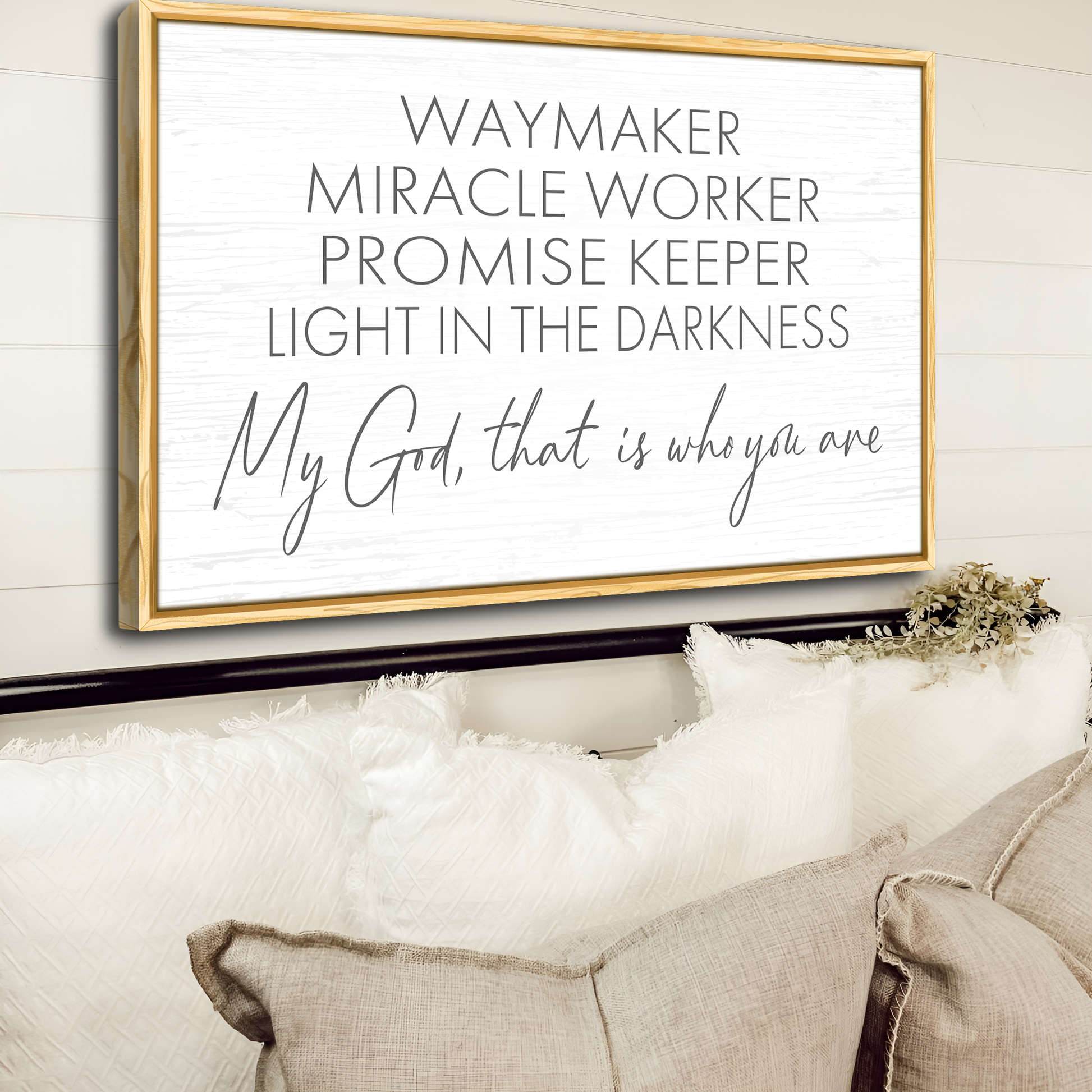 Tailored Canvases canvas sign with white background and gold frame Way Maker Miracle Worker on Tampa Home & Garden Store