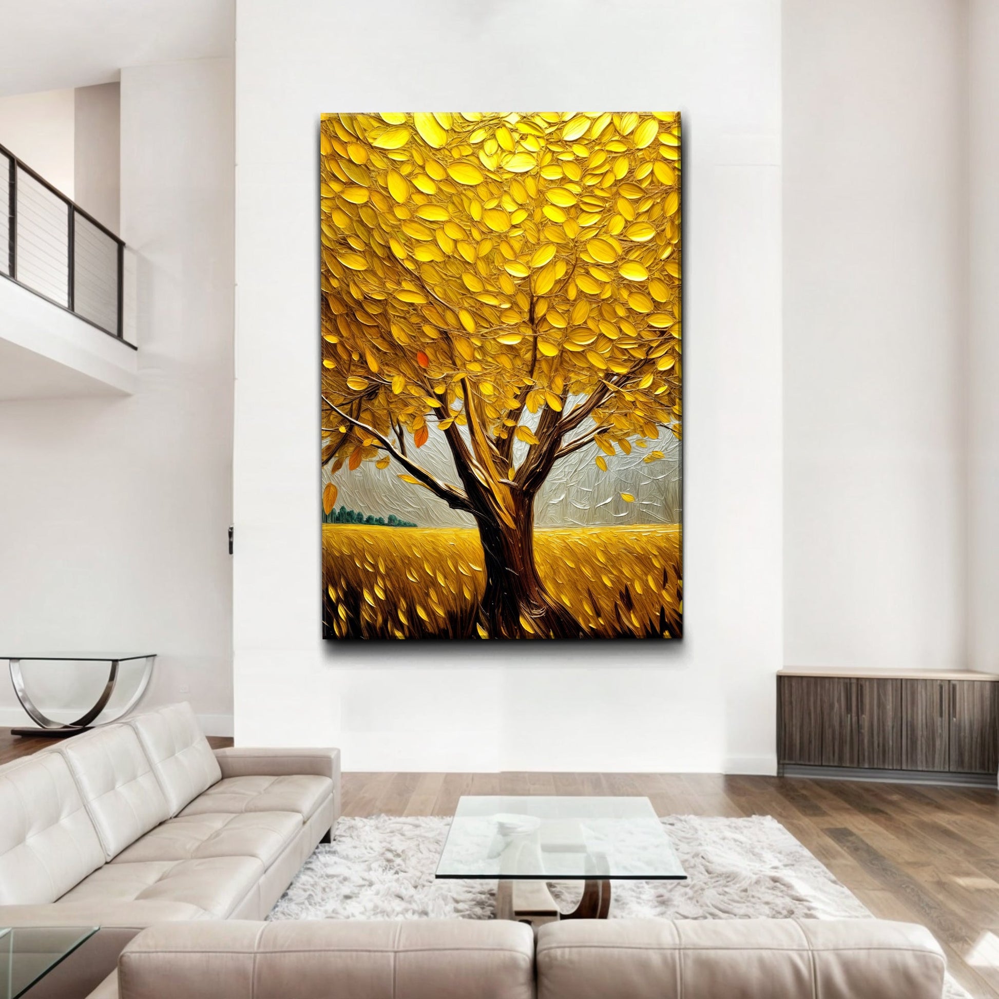Golden Tree Breeze Wall Art canvas by Tailored Canvases with golden leaves and dark trunk on Tampa Home & Garden Store
