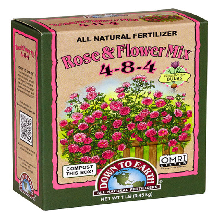 Down To Earth Rose & Flower Mix 4-8-4 fertilizer box, all natural, 1 lb, OMRI listed on Tampa Home & Garden Store