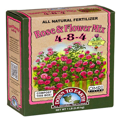 Down To Earth Rose & Flower Mix 4-8-4 fertilizer box, all natural, 1 lb, OMRI listed on Tampa Home & Garden Store
