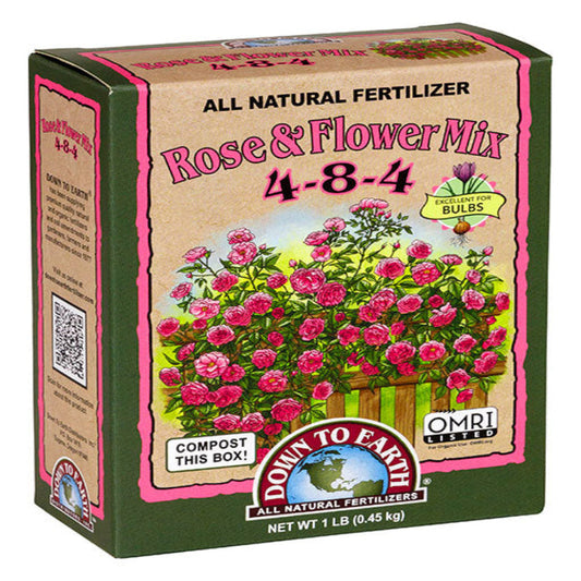 Down To Earth Rose & Flower Mix 4-8-4 fertilizer box, all natural, 1 lb, OMRI listed on Tampa Home & Garden Store