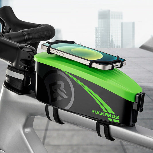 Waterproof Bike Frame Storage and Phone Bag with green top, black body and Rockbros branding on Tampa Home & Garden Store