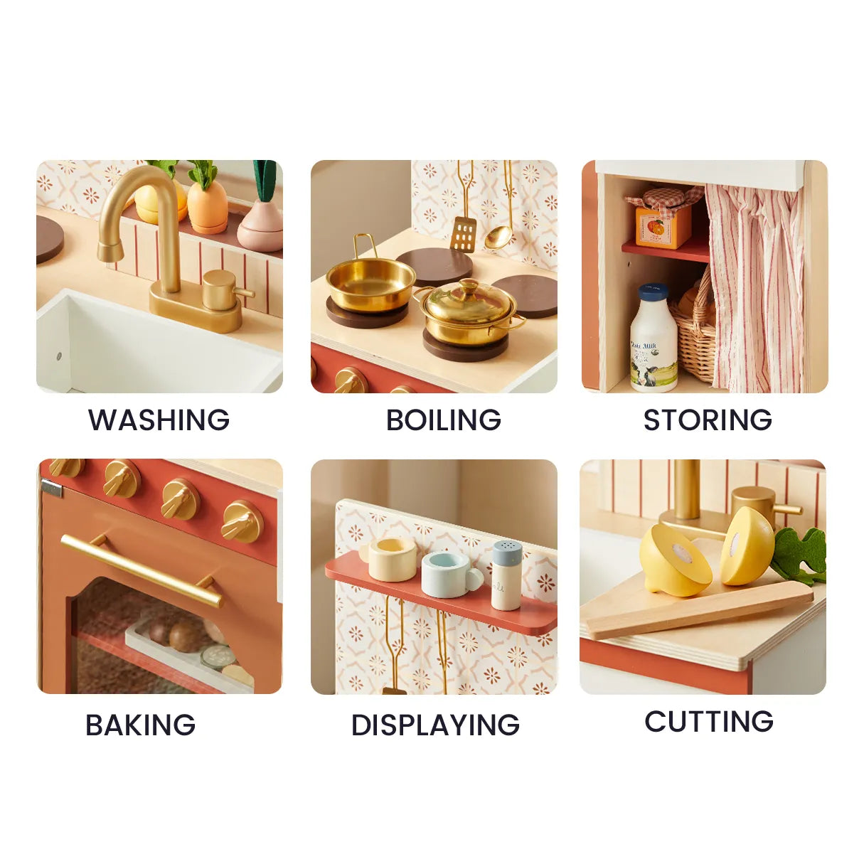 Tiny Land wooden play kitchen for toddlers honey with gold hardware; six kitchen scenes on Tampa Home & Garden Store