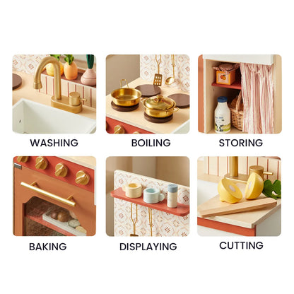 Tiny Land wooden play kitchen for toddlers honey with gold hardware; six kitchen scenes on Tampa Home & Garden Store