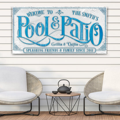 Personalized pool sign canvas with blue embossed Pool & Patio lettering on white background on Tampa Home & Garden Store