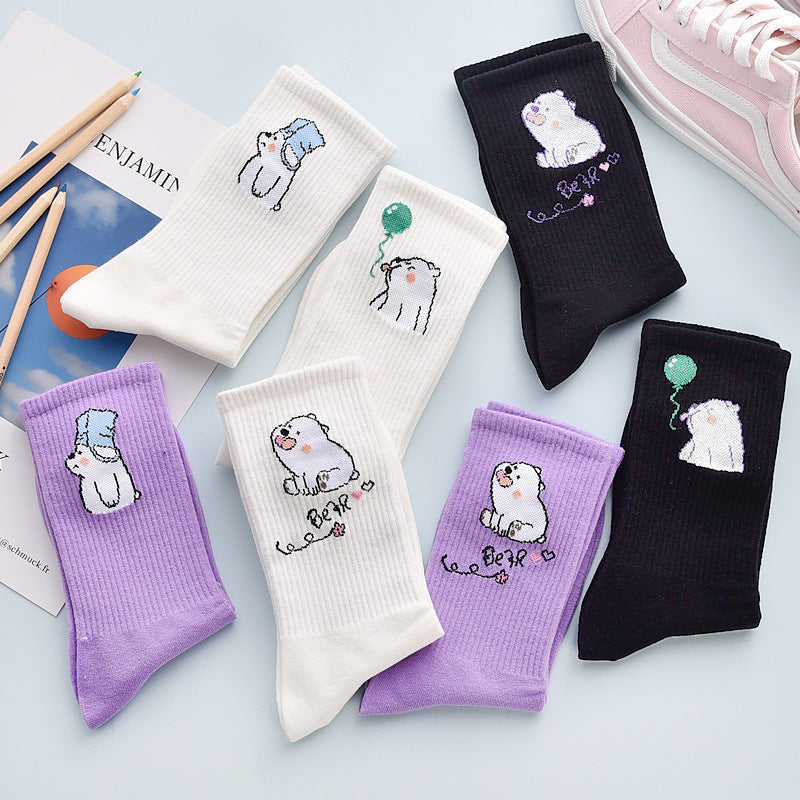 Stevvex cotton crew socks six-pair set with kawaii bear cartoons in white lavender purple on Tampa Home & Garden Store