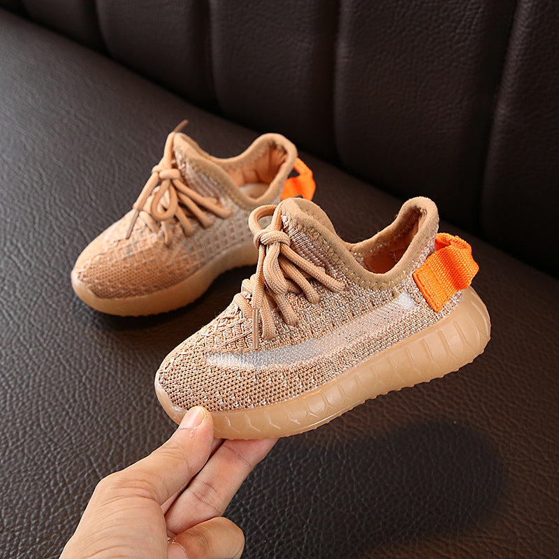 Stevvex baby/toddler leather sneakers, beige knit with orange heel tab, tan sole, 2 shoes on Tampa Home & Garden Store