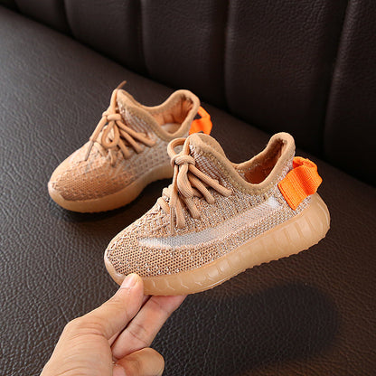 Stevvex baby/toddler leather sneakers, beige knit with orange heel tab, tan sole, 2 shoes on Tampa Home & Garden Store