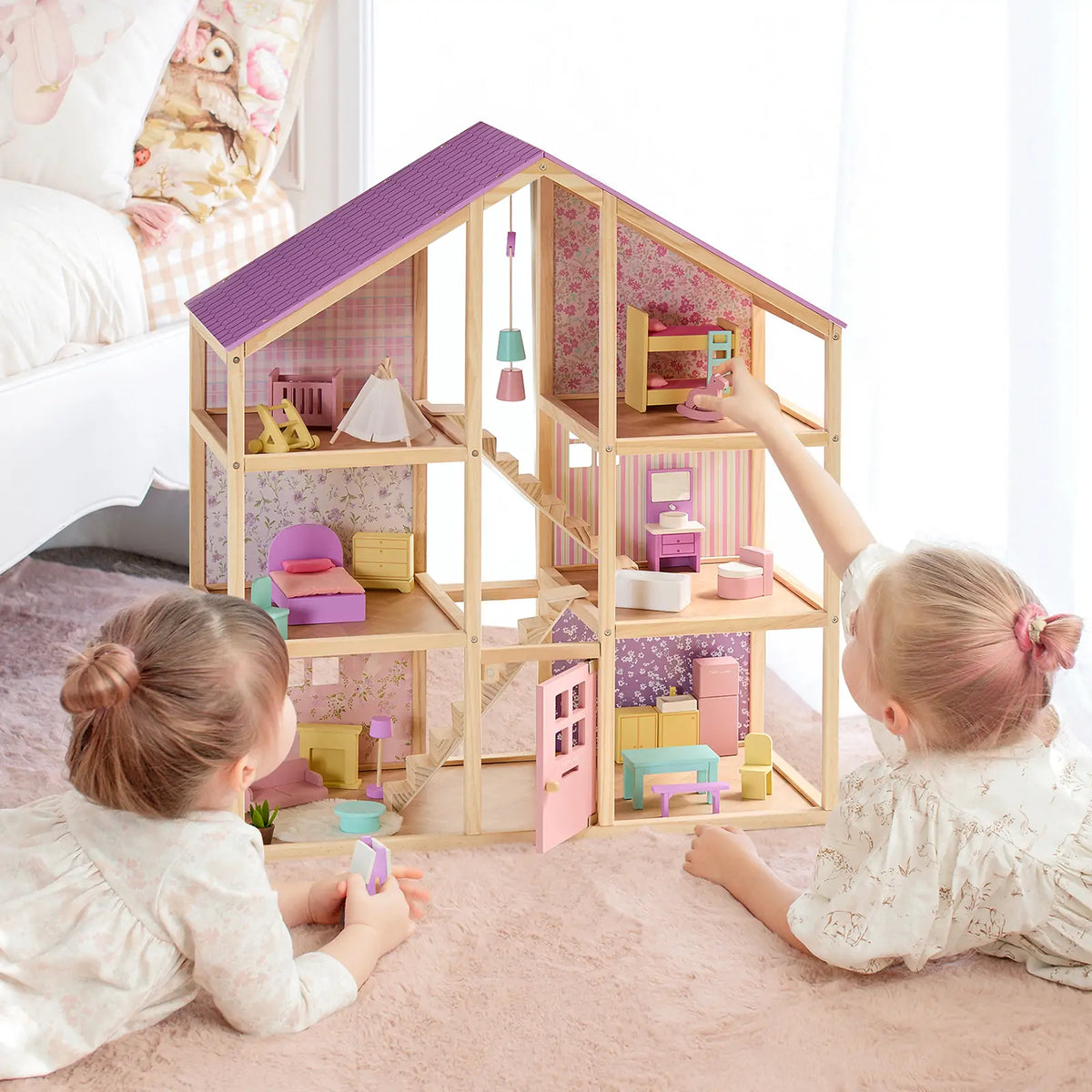 Tiny Land Sweetwood Dollhouse without Dolls wooden structure with purple roof and pastel interiors on Tampa Home & Garden Store
