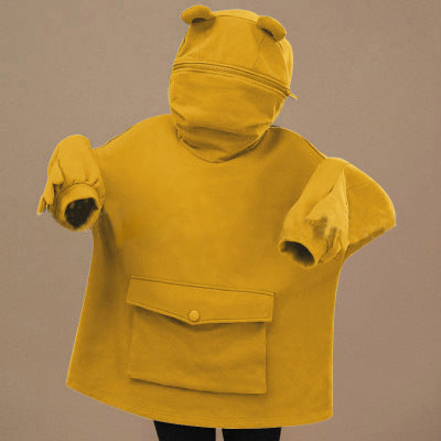 Stevvex yellow frog hoodie for women, oversized hooded pullover with hood ears and pocket on Tampa Home & Garden Store