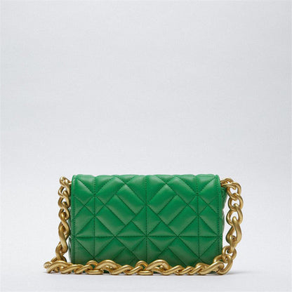 Stevvex green quilted small flap shoulder bag with thick gold chain on Tampa Home & Garden Store