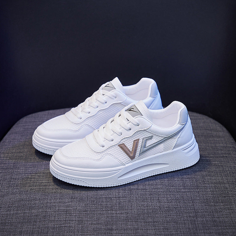 White leather platform sneakers by Stevvex, mesh panels, lace-up walking shoes (pair) on Tampa Home & Garden Store