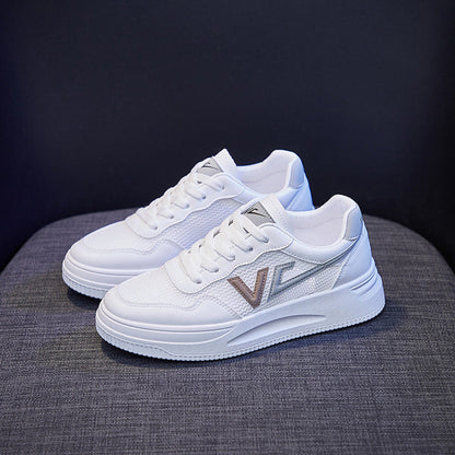 White leather platform sneakers by Stevvex, mesh panels, lace-up walking shoes (pair) on Tampa Home & Garden Store