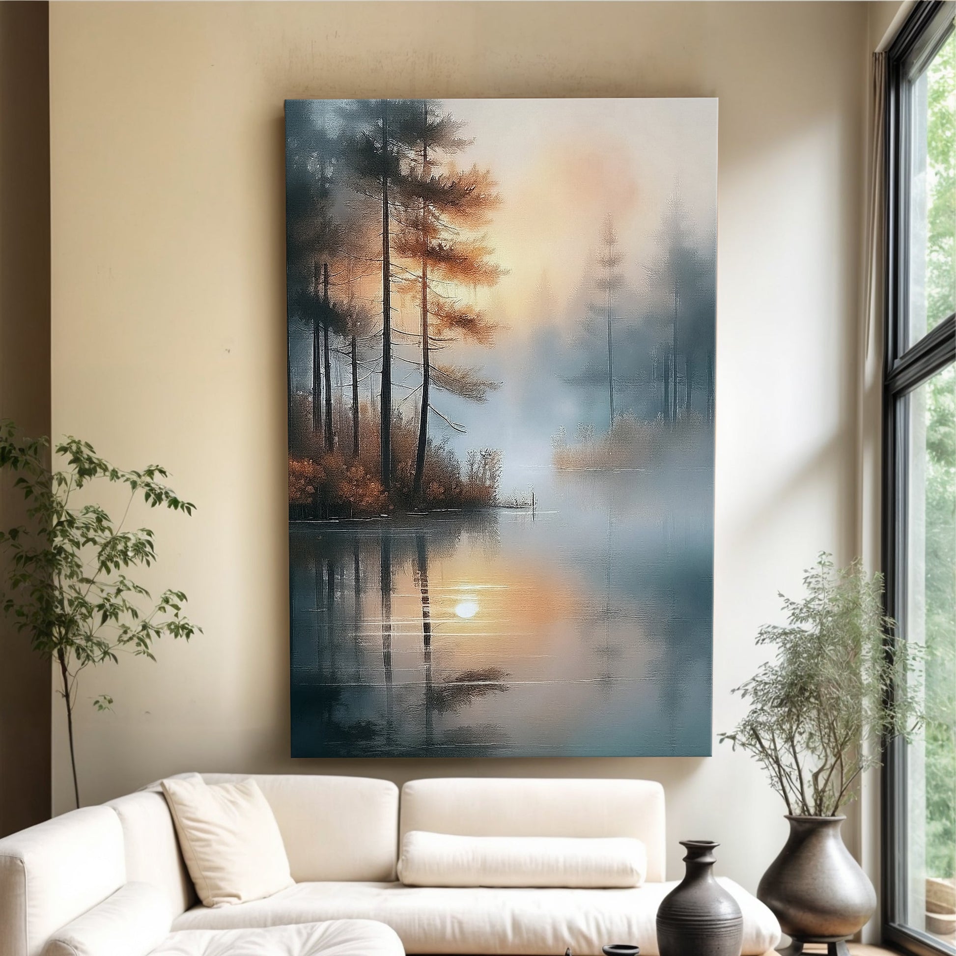 Misty Lake Wall Art canvas by Tailored Canvases showcasing a misty forest in blue-gray tones on Tampa Home & Garden Store