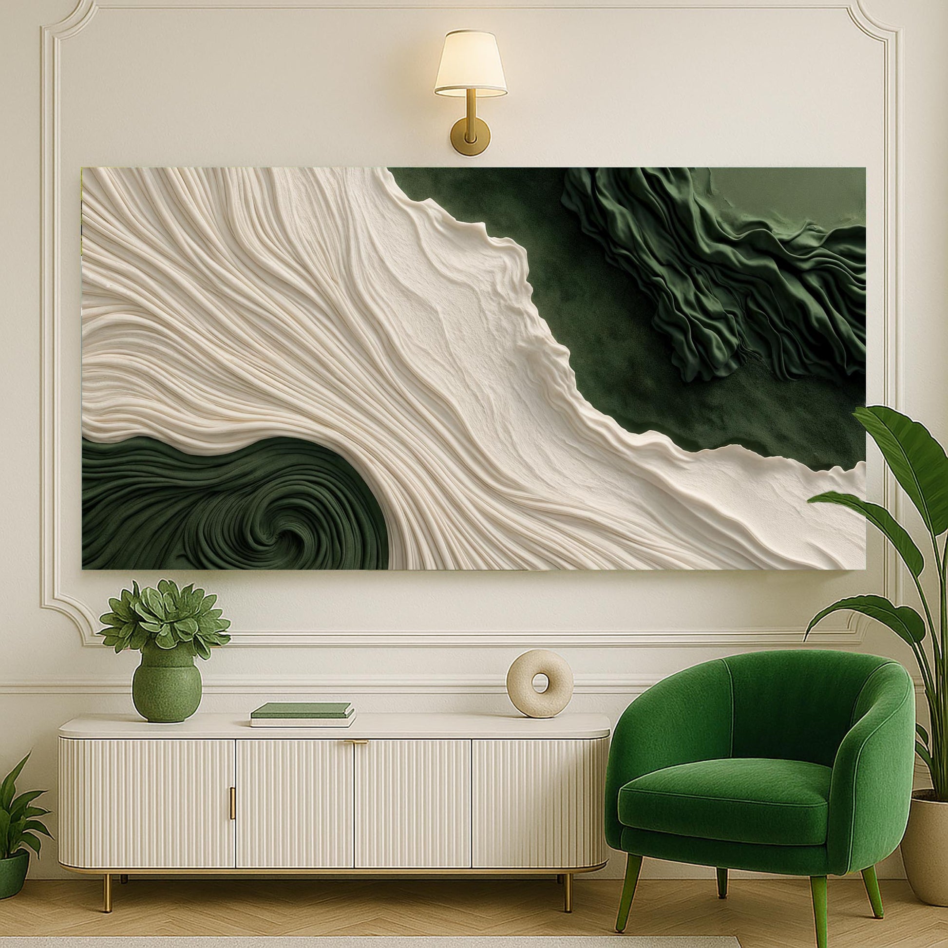 Canvas: Green Rivers Abstract Wall Art XI, cream and olive-green swirls by Tailored Canvases on Tampa Home & Garden Store
