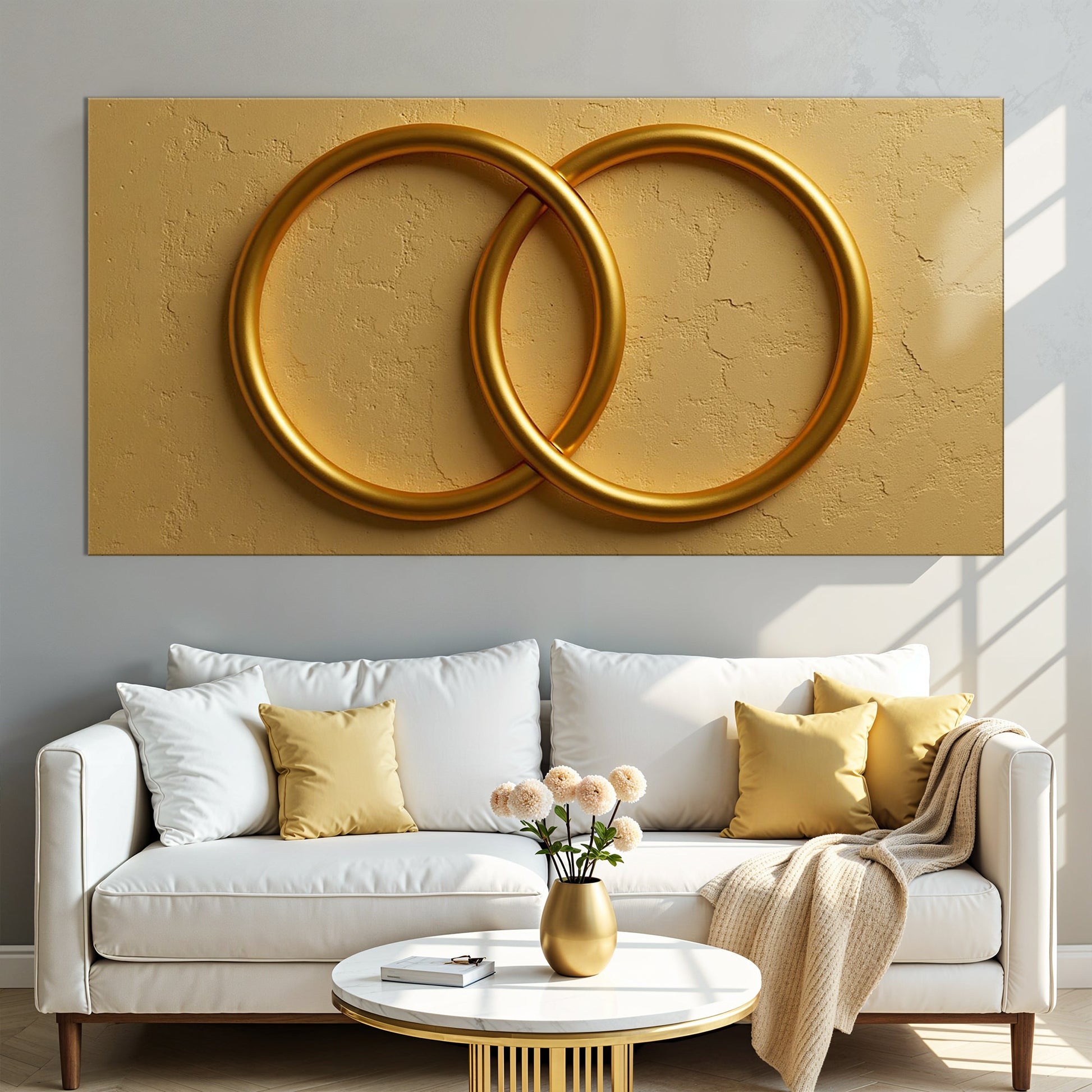 Sacred Union Wall Art canvas by Tailored Canvases with two rings on gold backdrop on Tampa Home & Garden Store