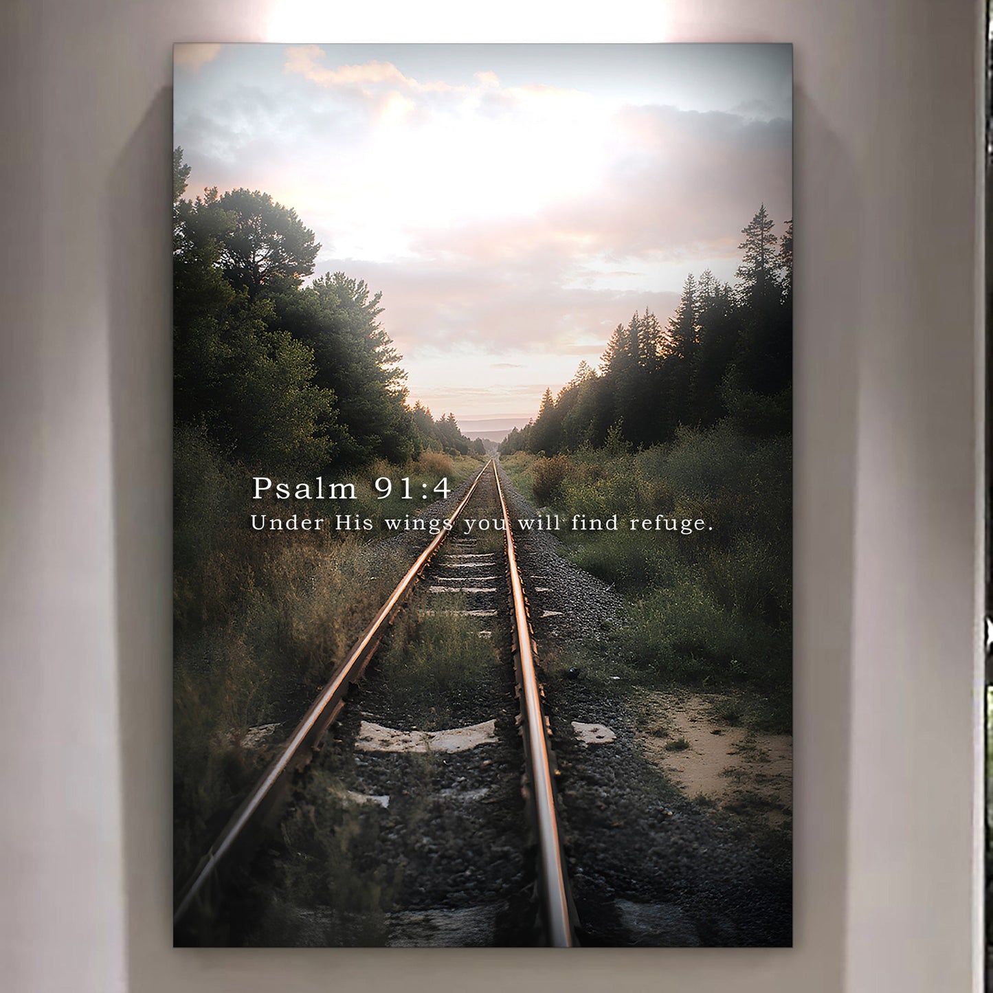 Canvas wall art Tailored Canvases Psalm 91:4 Refuge over forest tracks at sunrise on Tampa Home & Garden Store
