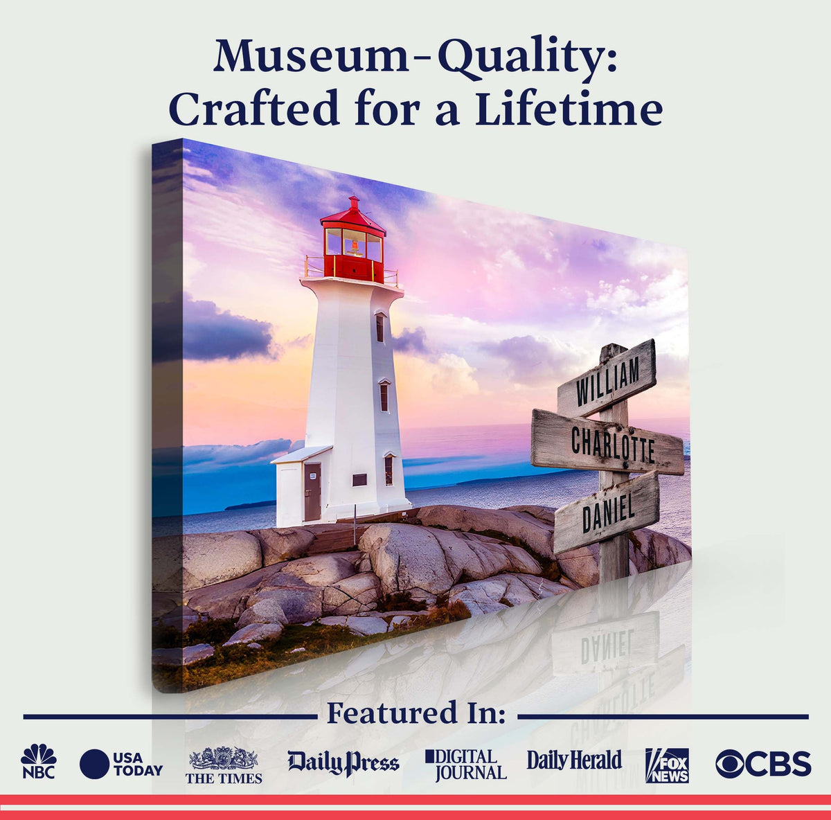 Lighthouse Family Names Sign canvas by Tailored Canvases with white lighthouse and wooden signs on Tampa Home & Garden Store