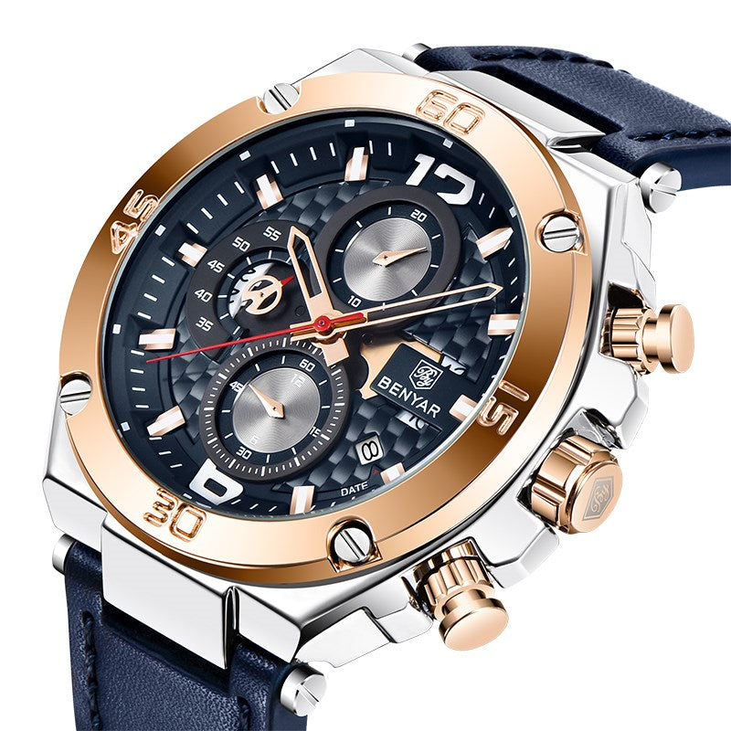 Stevvex ST638NIKEL14 luxury sport mens watch with rose-gold bezel, blue leather strap on Tampa Home & Garden Store